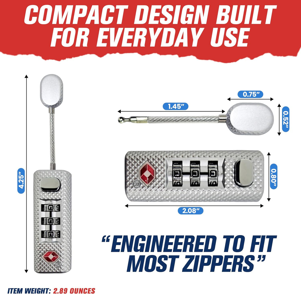 TSA Approved 3 Digit Combination Lock for Luggage, Travel Gun Case, Silver