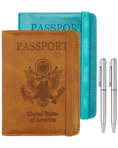 WALNEW Passport Holder for Travel, RFID Passport Cover Wallet for Women Men, PU Leather Passport Book Card Holder Case with Pen, Travelling Essentials for Flying