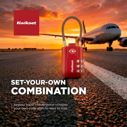 Kwikset TSA Approved Combination Luggage Lock with Cable, 1-Pack, Red