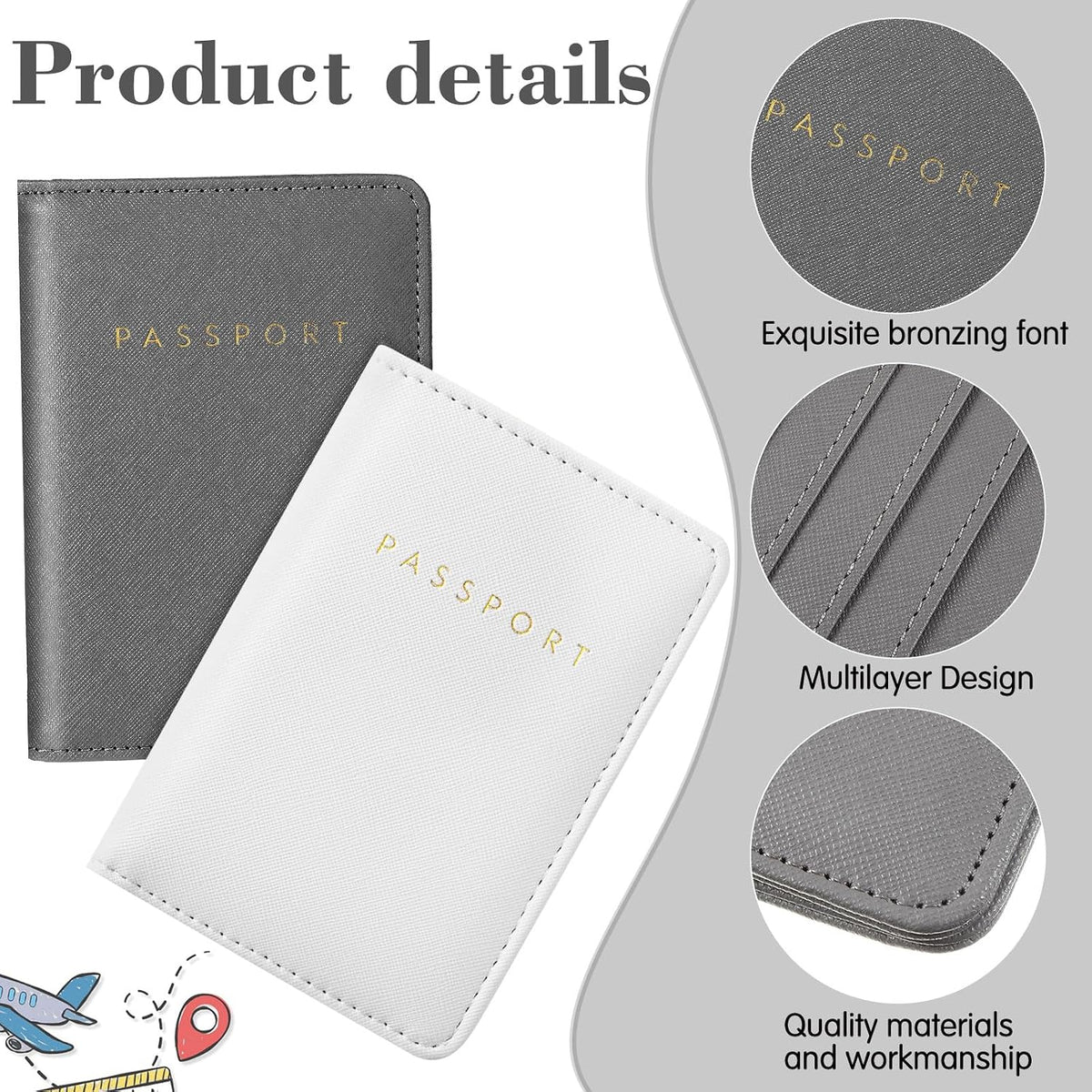 MotiMind 12 Pcs Passport Holder Cover Waterproof Leather Travel Wallet Passport Case for Women Men Family (White, Gray)