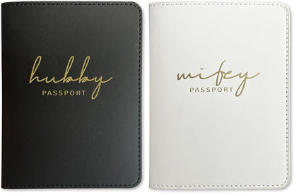 HubbyWifeyGifts Matching Passport Holder for Hubby and Wifey, PU Leather Passport Cover with RFID Blocking, Honeymoon Essentials for Travel, Engagement Gifts for Couples
