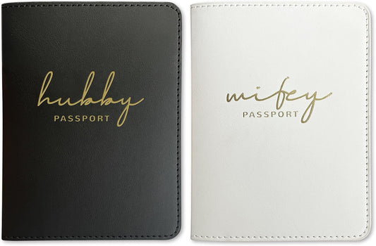 HubbyWifeyGifts Matching Passport Holder for Hubby and Wifey, PU Leather Passport Cover with RFID Blocking, Honeymoon Essentials for Travel, Engagement Gifts for Couples