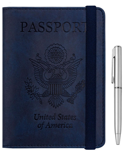 WALNEW Passport Holder for Travel, RFID Passport Cover Wallet for Women Men, PU Leather Passport Book Card Holder Case with Pen, Travelling Essentials for Flying