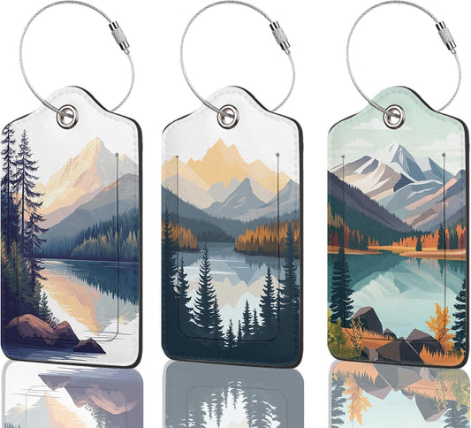 3 Pack Luggage Tag for Suitcase Leather Travel Cruise Luggage Tag with Stainless Steel Loop Name ID Label Privacy Cover for Adults Teens Travel Bag Labels Set (Mountain Forest Lake)