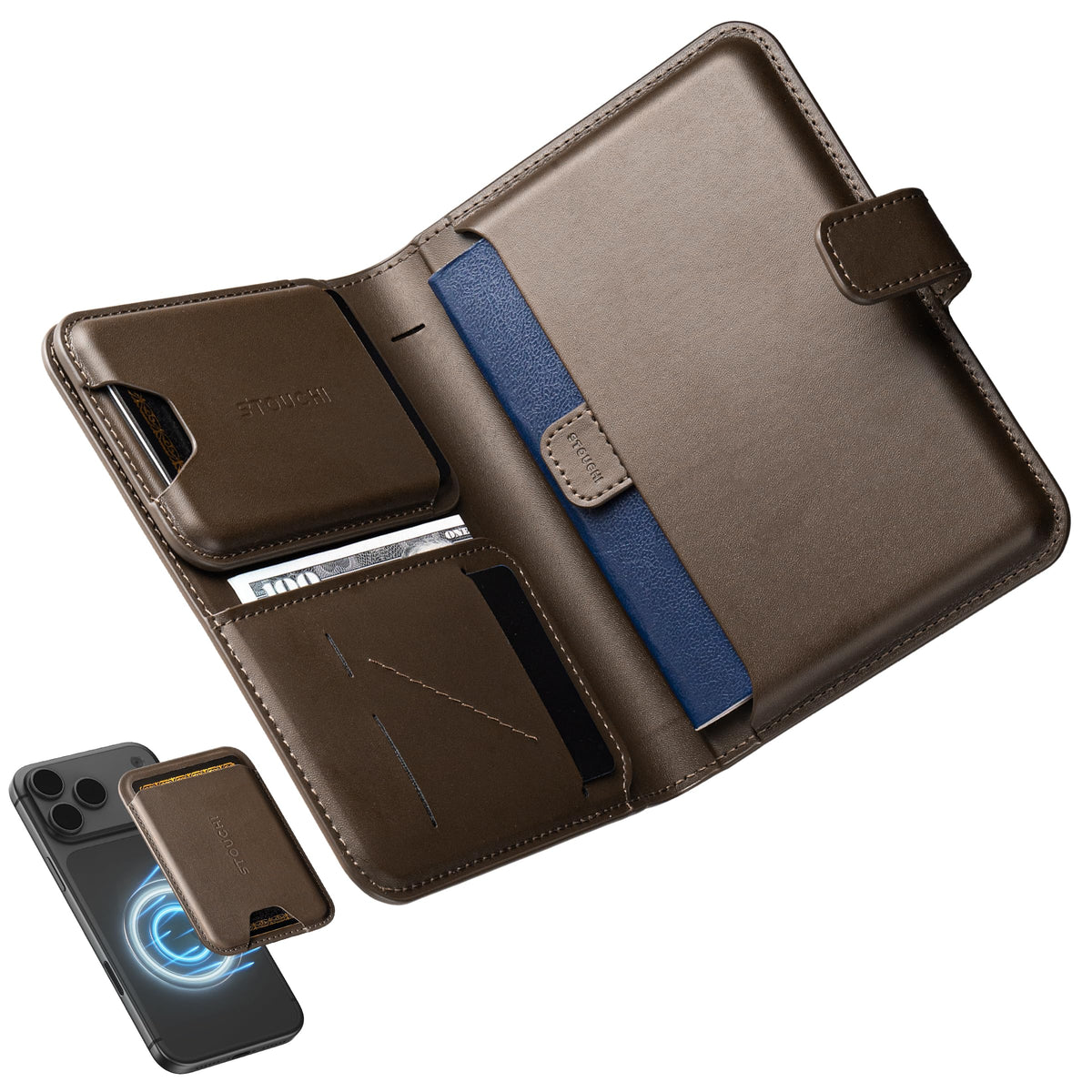 Stouchi AirTag Passport Holder with Pull Strap, RFID Blocking Magnetic Case