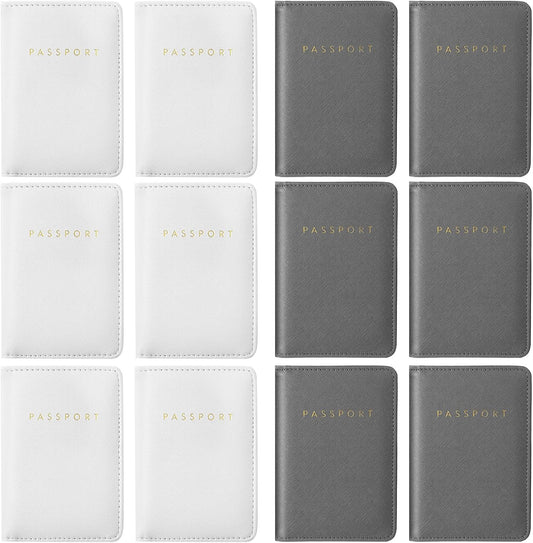 MotiMind 12 Pcs Passport Holder Cover Waterproof Leather Travel Wallet Passport Case for Women Men Family (White, Gray)