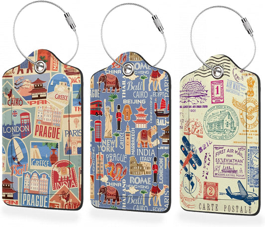 3 Pack Luggage Tags,Retro Travel Stickers PU Leather Luggage Tags for Suitcase,Name ID Labels with Privacy Cover Suitcases and Metal Loop for Travel Bag Suitcase