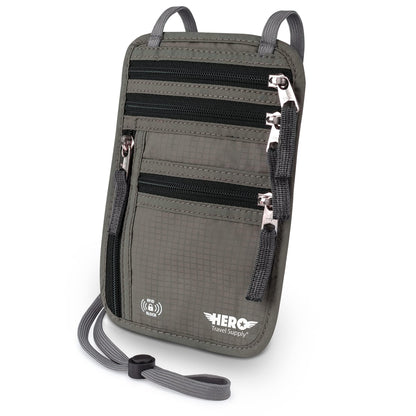 HERO Neck Wallet - RFID Blocking Passport Holder, Easy to Conceal Travel Pouch (Army Grey)