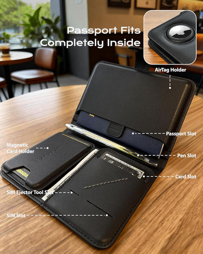 Stouchi AirTag Passport Holder with Pull Strap, RFID Blocking Magnetic Case