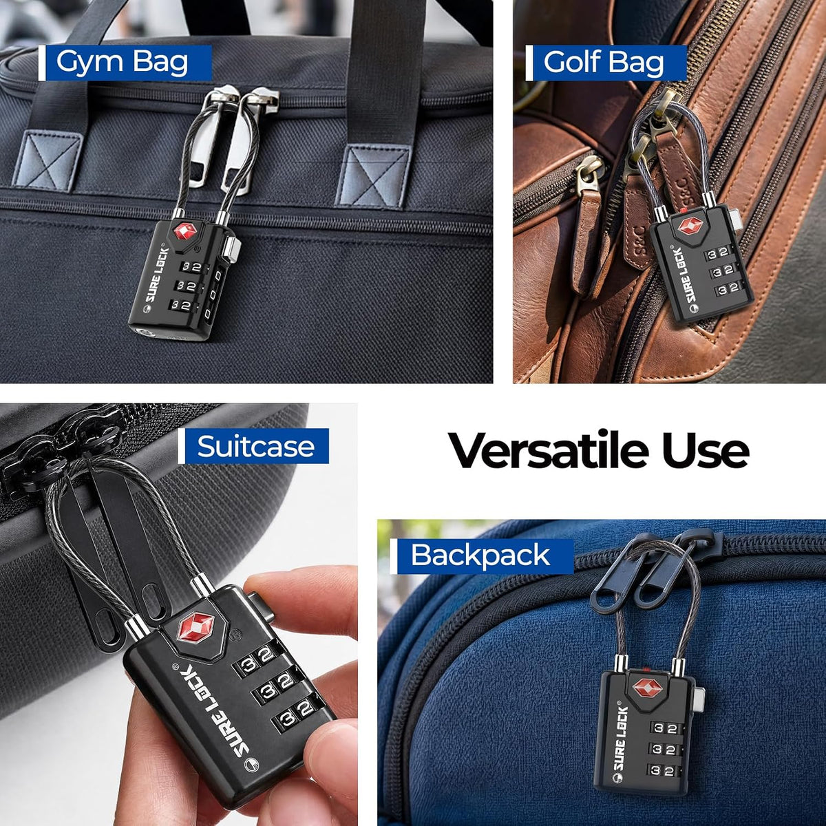 SURE LOCK TSA Approved Luggage Locks with Open Alert Indicator, 3 Digit Combination Cable Travel Lock for Suitcase, Backpack & Travel Bag, 2 Pack Black