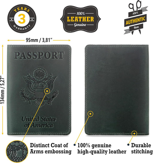 Shvigel US Leather Passport Book Cover - Thin American Travel Passport Holder - Premium International USA Passport Protector Case for Women Men (Green Vintage)