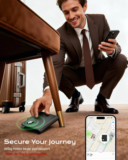 Stouchi AirTag Passport Holder with Pull Strap, RFID Blocking Magnetic Case