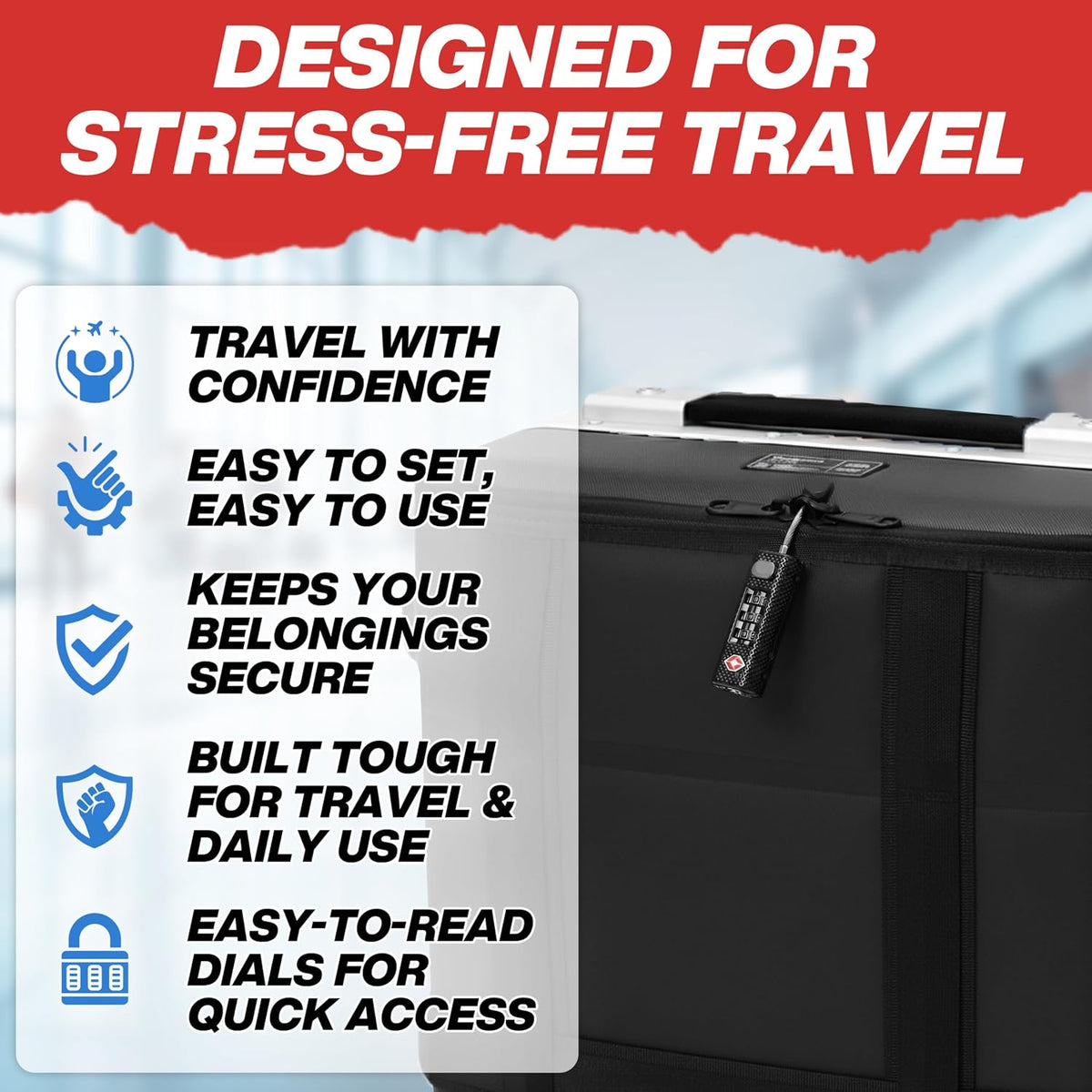 TSA Approved 3 Digit Combination Lock for Luggage, Travel Gun Case, Silver