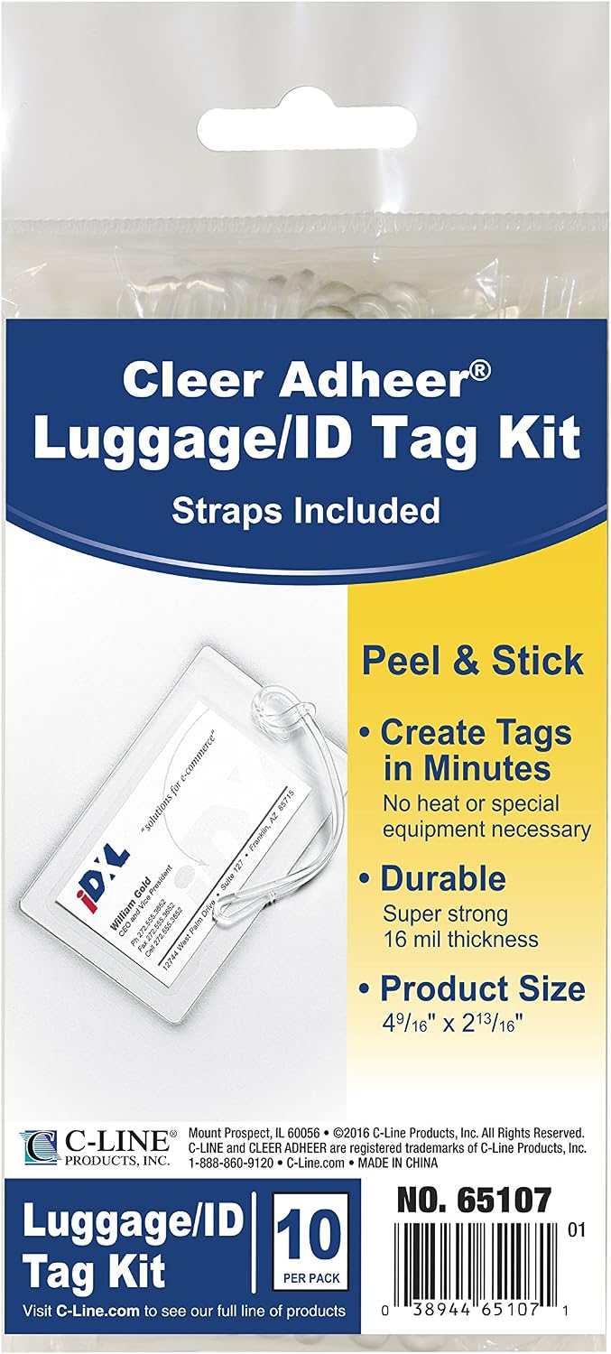 C-Line Cleer Adheer Luggage Tags w/Straps, Clear, 10 Pack (65107)