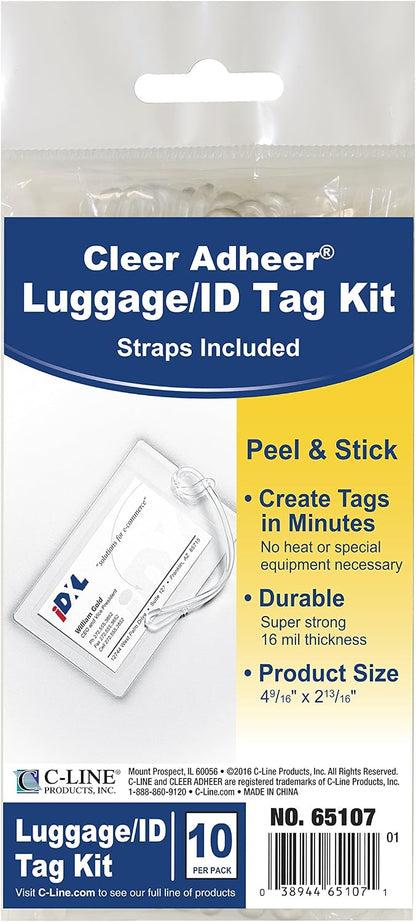 C-Line Cleer Adheer Luggage Tags w/Straps, Clear, 10 Pack (65107)
