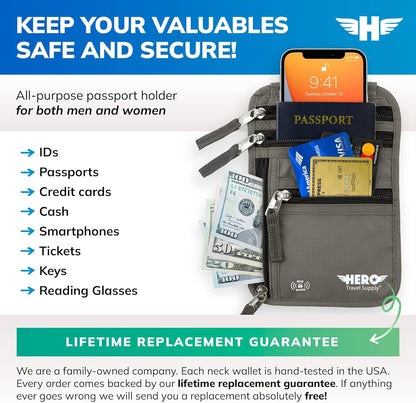 HERO Neck Wallet - RFID Blocking Passport Holder, Easy to Conceal Travel Pouch (Army Grey)