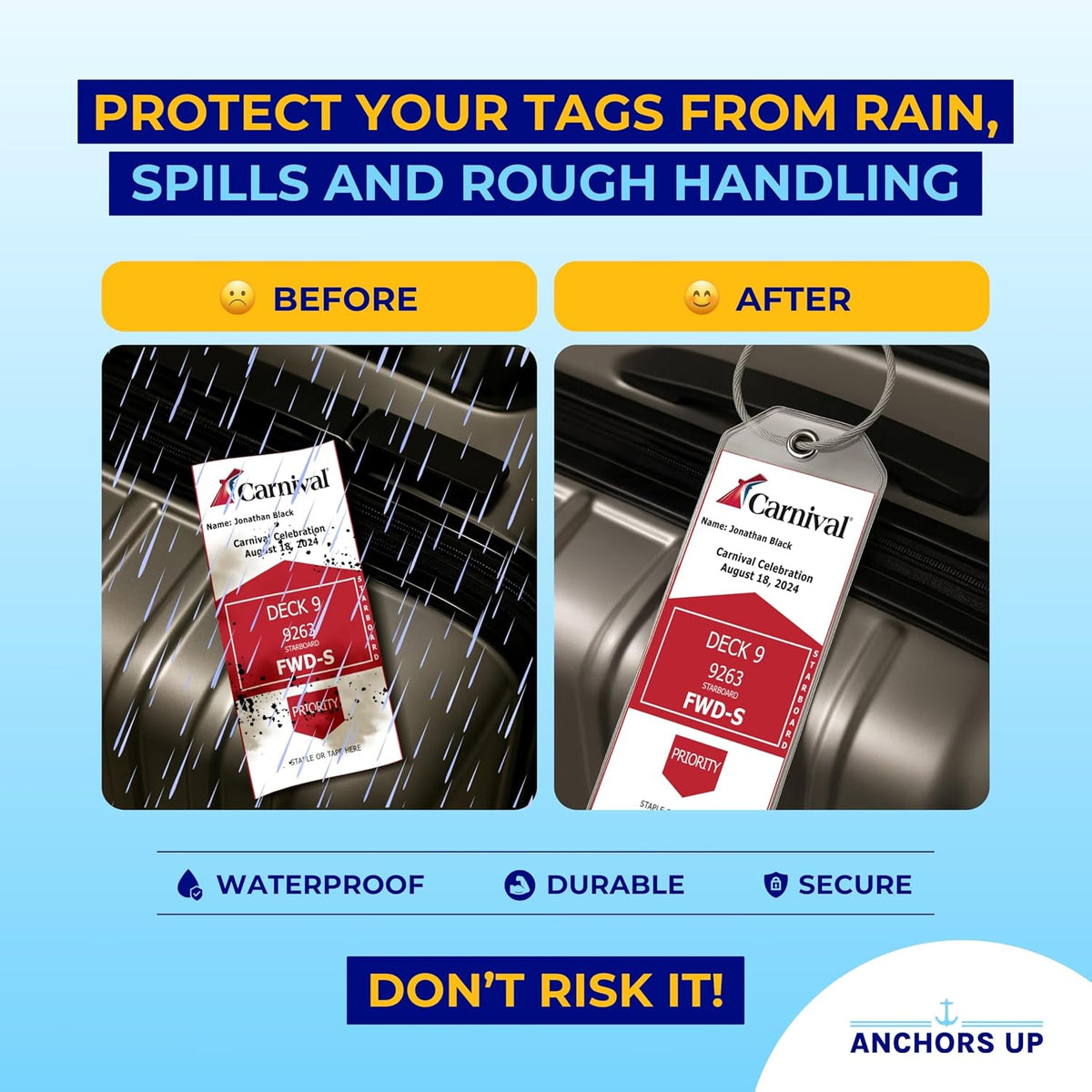 Carnival Cruise Luggage Tag Holders [4 Pack] – Waterproof, Durable Plastic with Steel Loops – Fits All Carnival Ships for Cruising in 2025, 2026 and 2027 – Cruise Essentials by AnchorsUp