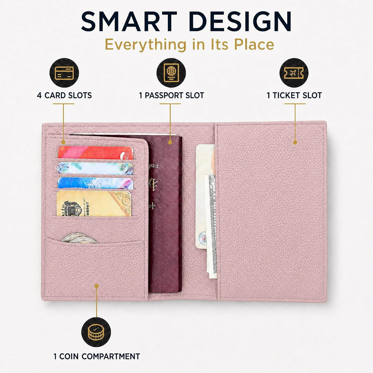 Genuine Leather Passport Holder, Litchi Grain Cowhide Slim Travel Passport Wallet with Card Slots Fold Cover Design for Men & Women