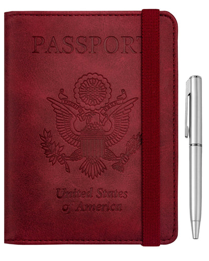 WALNEW Passport Holder for Travel, RFID Passport Cover Wallet for Women Men, PU Leather Passport Book Card Holder Case with Pen, Travelling Essentials for Flying