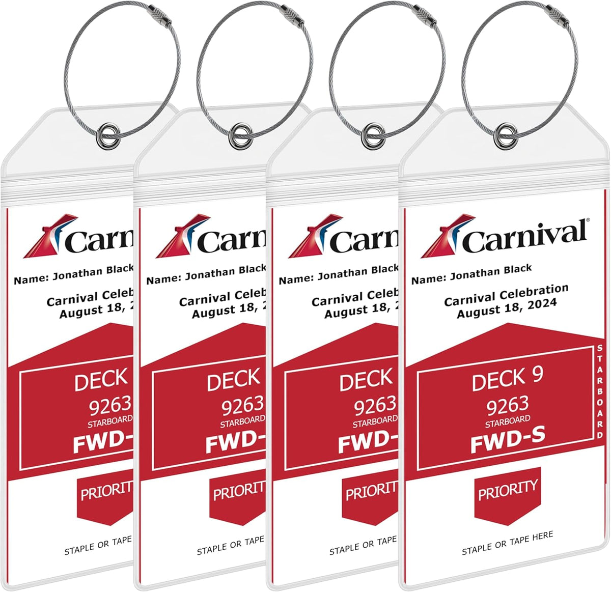 Carnival Cruise Luggage Tag Holders [4 Pack] – Waterproof, Durable Plastic with Steel Loops – Fits All Carnival Ships for Cruising in 2025, 2026 and 2027 – Cruise Essentials by AnchorsUp