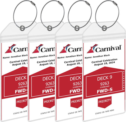 Carnival Cruise Luggage Tag Holders [4 Pack] – Waterproof, Durable Plastic with Steel Loops – Fits All Carnival Ships for Cruising in 2025, 2026 and 2027 – Cruise Essentials by AnchorsUp
