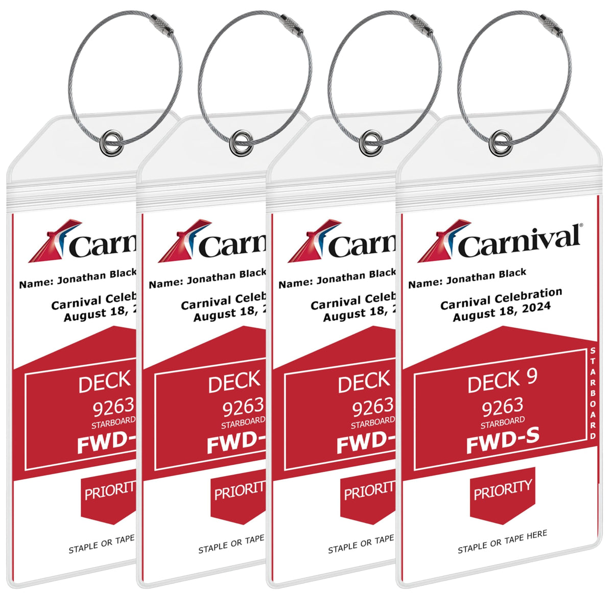 Carnival Cruise Luggage Tag Holders [4 Pack] – Waterproof, Durable Plastic with Steel Loops – Fits All Carnival Ships for Cruising in 2025, 2026 and 2027 – Cruise Essentials by AnchorsUp