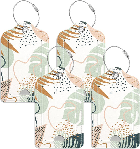 Luggage Tags for Suitcase, 4 Pack PU Leather Travel Cruise Luggage Tag with Privacy Flap, Name ID Label and Metal Loop for Women Men Girls Suitcase Baggage Bag Backpack, Boho Leaves