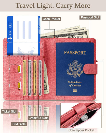 Slohif Passport Holder Cover Wallet Case for Travel Women - Leather RFID Blocking Passport Book Multiple Personalized Organizer Slim Portable Carrier Card Slots Protector Sleeve Stamp