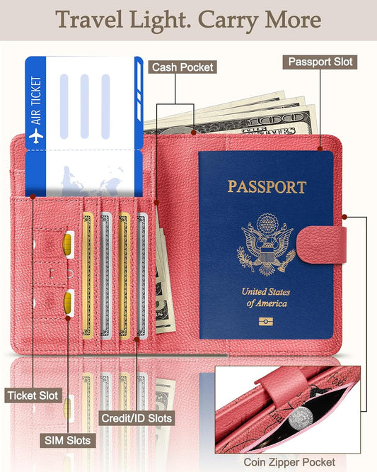 Slohif Passport Holder Cover Wallet Case for Travel Women - Leather RFID Blocking Passport Book Multiple Personalized Organizer Slim Portable Carrier Card Slots Protector Sleeve Stamp