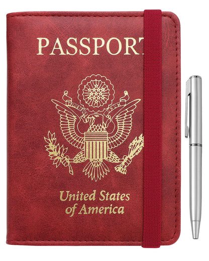 WALNEW Passport Holder for Travel, RFID Passport Cover Wallet for Women Men, PU Leather Passport Book Card Holder Case with Pen, Travelling Essentials for Flying