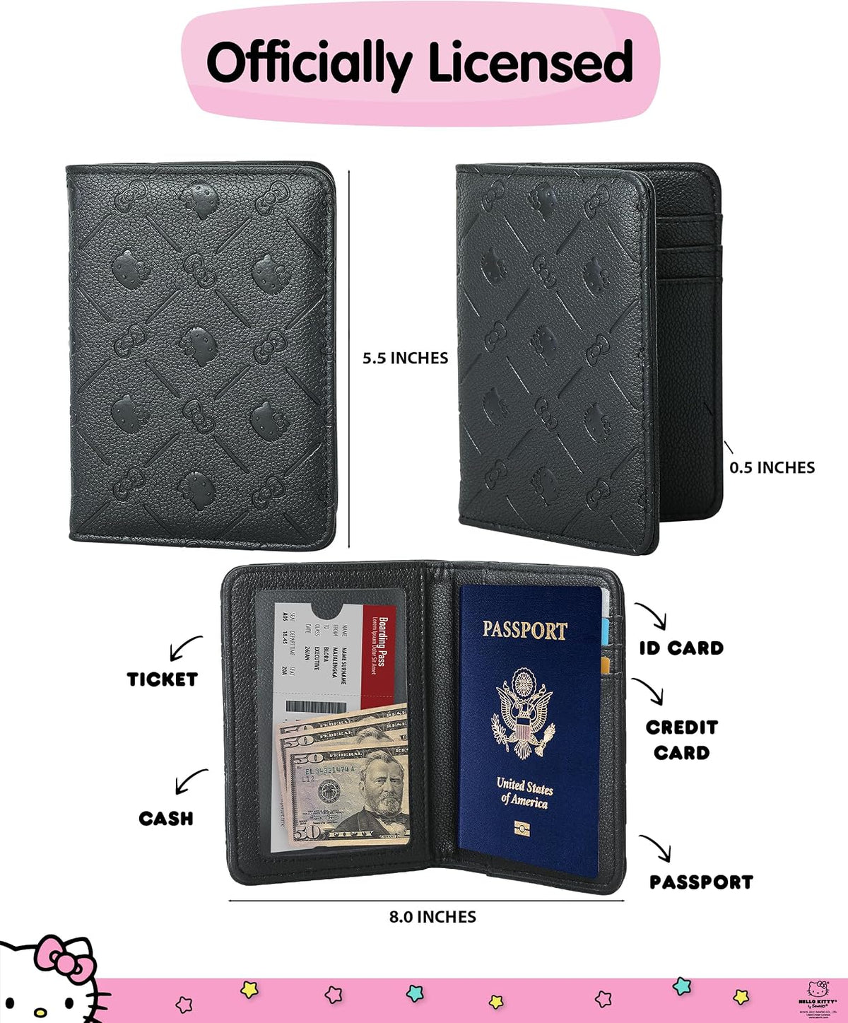 Hello Kitty Passport Holder for Travel Official License, Black Passport